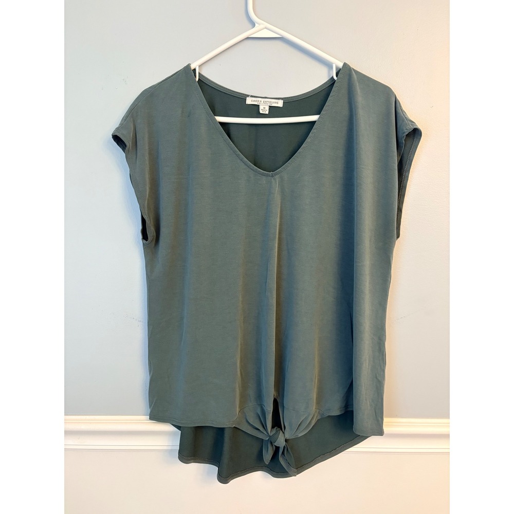 Green Envelope Los Angeles Womens Sage Green V-Neck Front Tie Knot Top Medium